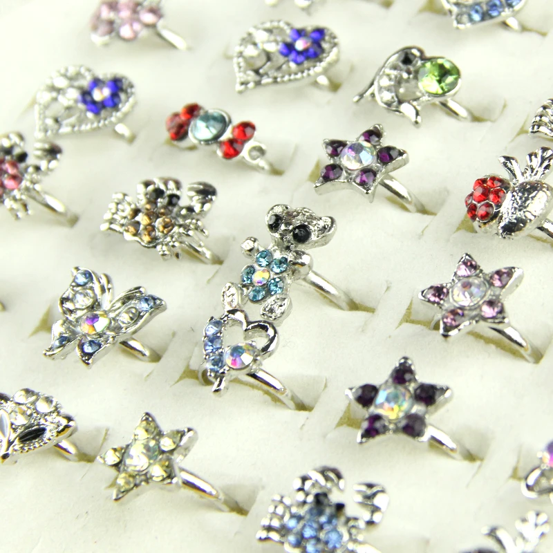 

Wholesale Lot 5Pcs Silver Plated Assorted Design Crystal Ring Cute Kid Child Party Small Adjustable Rings free shipping