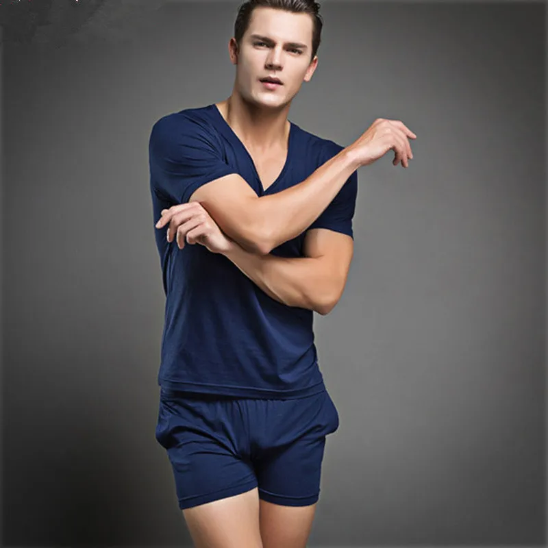 Men T Shirt Cotton Pajama Set Sleepwear Sexy Mens Underwear Tees