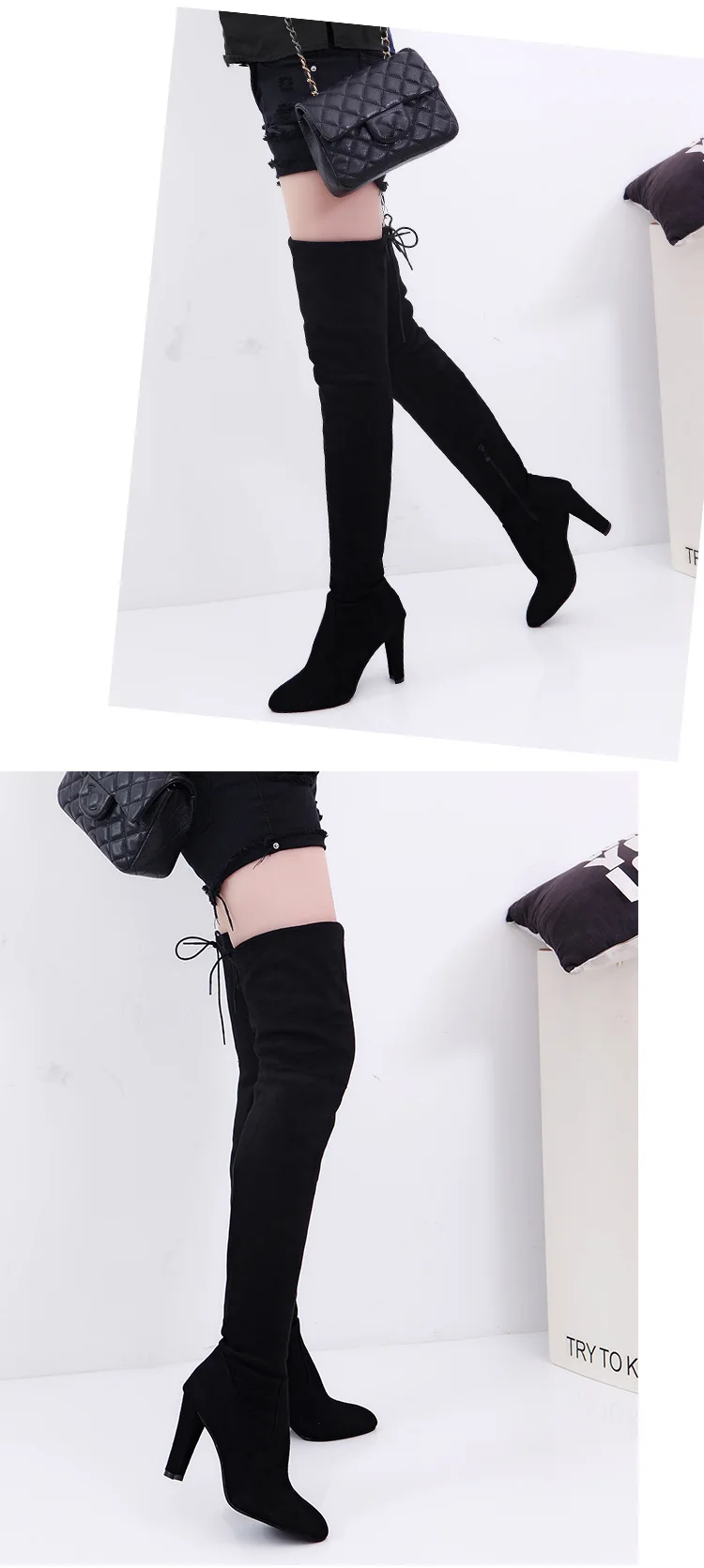 Sexy Party Boots Fashion Suede Leather Shoes Women Over the Knee Heels Boots Stretch Flock Winter High Boots botas Drop Shipping