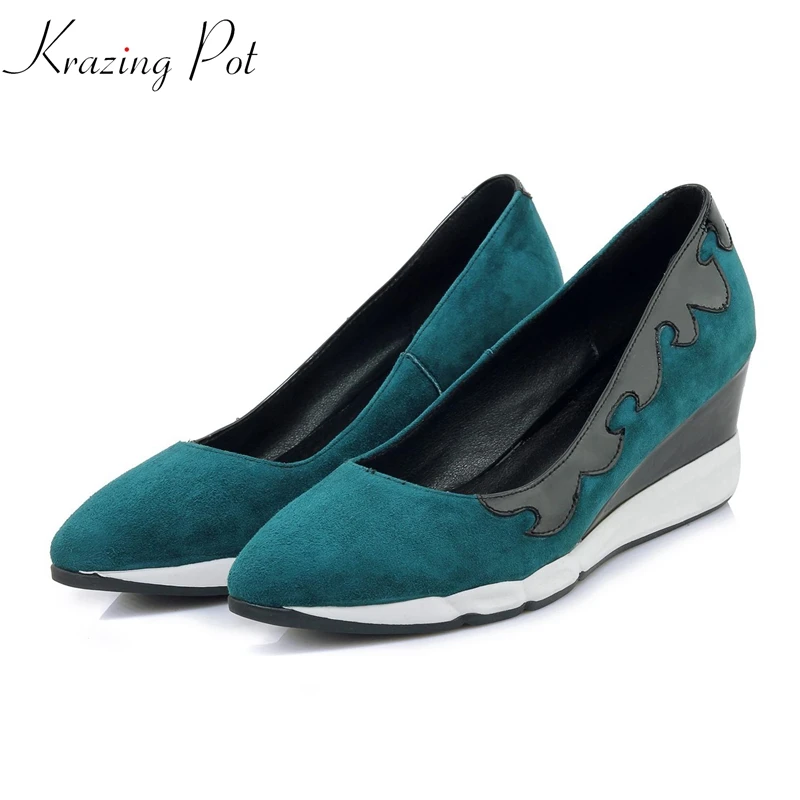 

Krazing Pot sheep suede patent leather flat platform wedges pointed toe leisure mixed color totem British vulcanized shoes L26