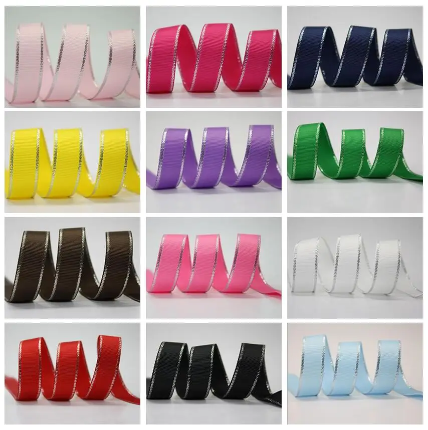 

17072802,New 10 yards/lot 10mm/25mm/38mm glitter silver edge grosgrain ribbons gift packaging ribbon DIY handmade materials