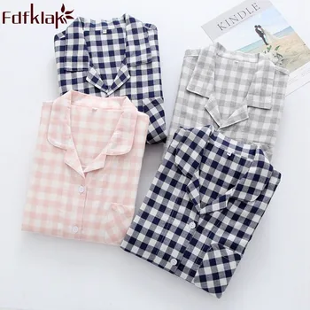 

Fdfklak Autumn 2020 New Couple Plaid Long Sleeve Sleepwear Cotton Pajamas Night Clothes Pijama Sets Nightwear Home Clothes Q1397