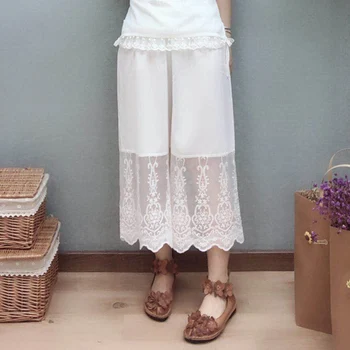 

Mori Girl Lace Cotton Hollow Out Loose Pants Women Solid Wide Legged Pants Floral Embroidery Female Casual Sweet Pants Z034