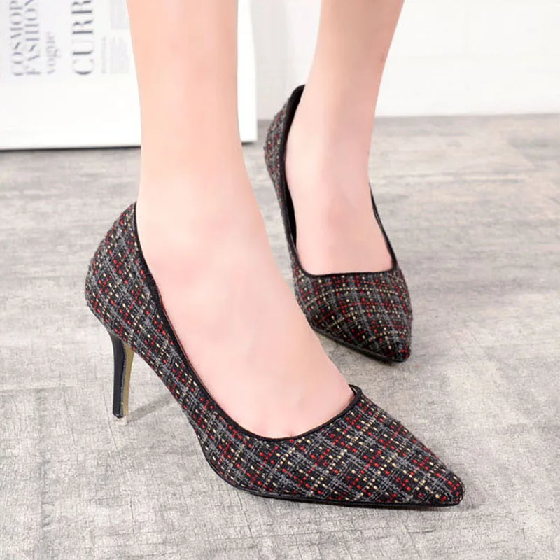 2016 New Fashion Thin High Heels font b Women b font Pumps Sweet Grid Pointed Toe