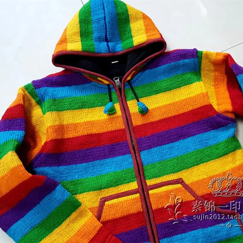 Free Shipping 2019 Rainbow Straight 100% Wool Women Plus Size S-XL Thick Warm Fleece Hand Made Hooded Sweaters With Pockets Free Shipping 2019 Rainbow Straight 100% Wool Women Plus Size S-XL Thick Warm Fleece Hand Made Hooded Sweaters With Pockets