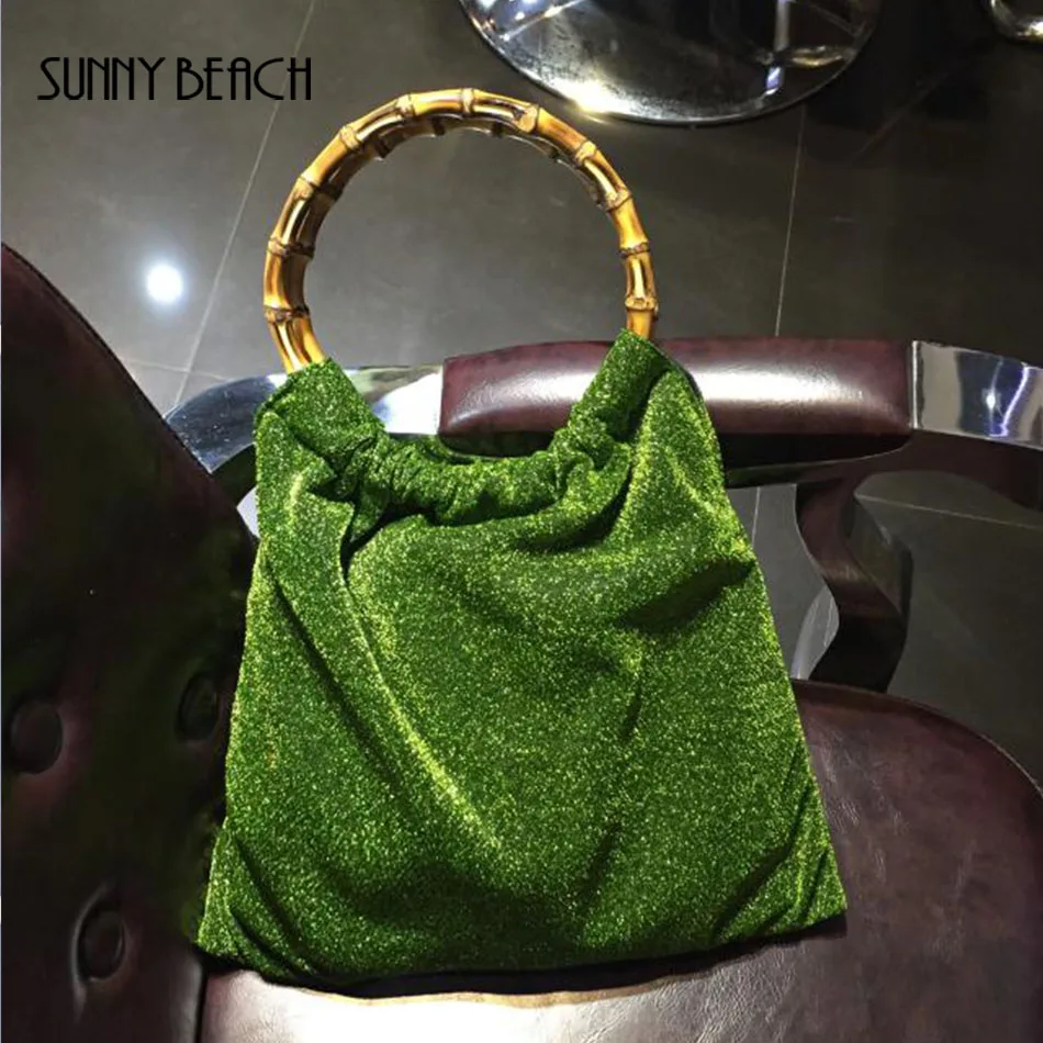 

SUNNY BEACH Vintage Shiny Bag Handbag Tote Bag Women Shopping Bag Female Green Bamboo Pattern Handel Bag