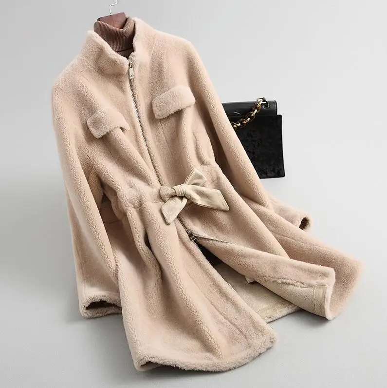 Женское зимнее меховое пальто из натуральной шерсти, теплая куртка, женское длинное пальто, куртка, пальто - Цвет: khaki