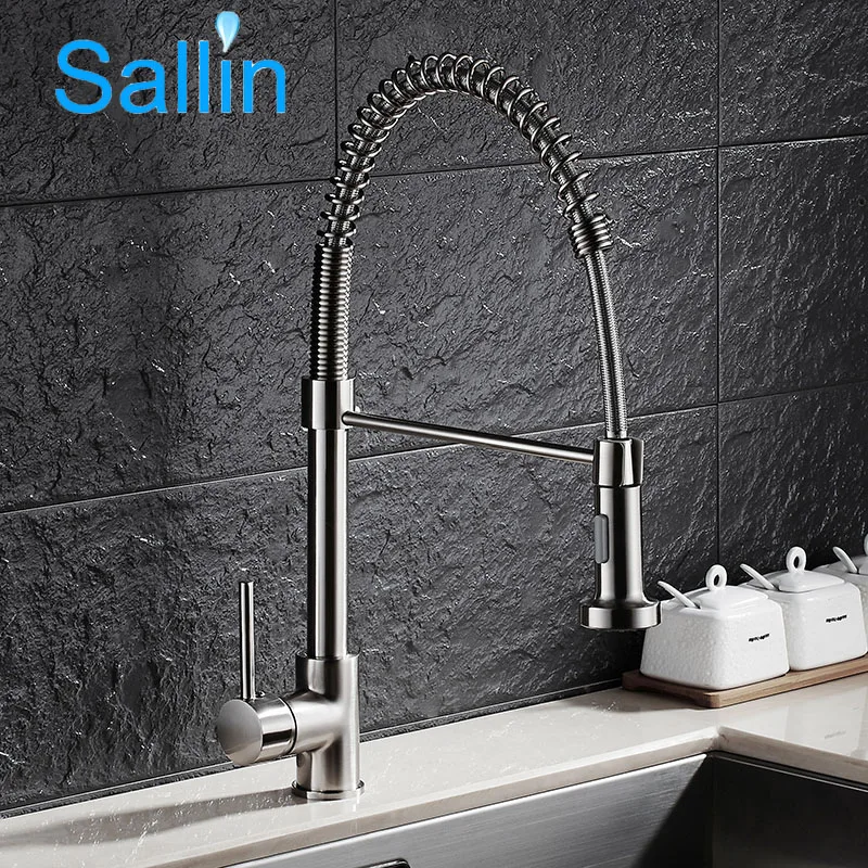 

Brushed Nickel 100% Brass Made Kitchen Faucet Hot & Cold Water Mixer Kitchen Sink Faucet Pull Down Out Spring Kitchen Faucet Tap
