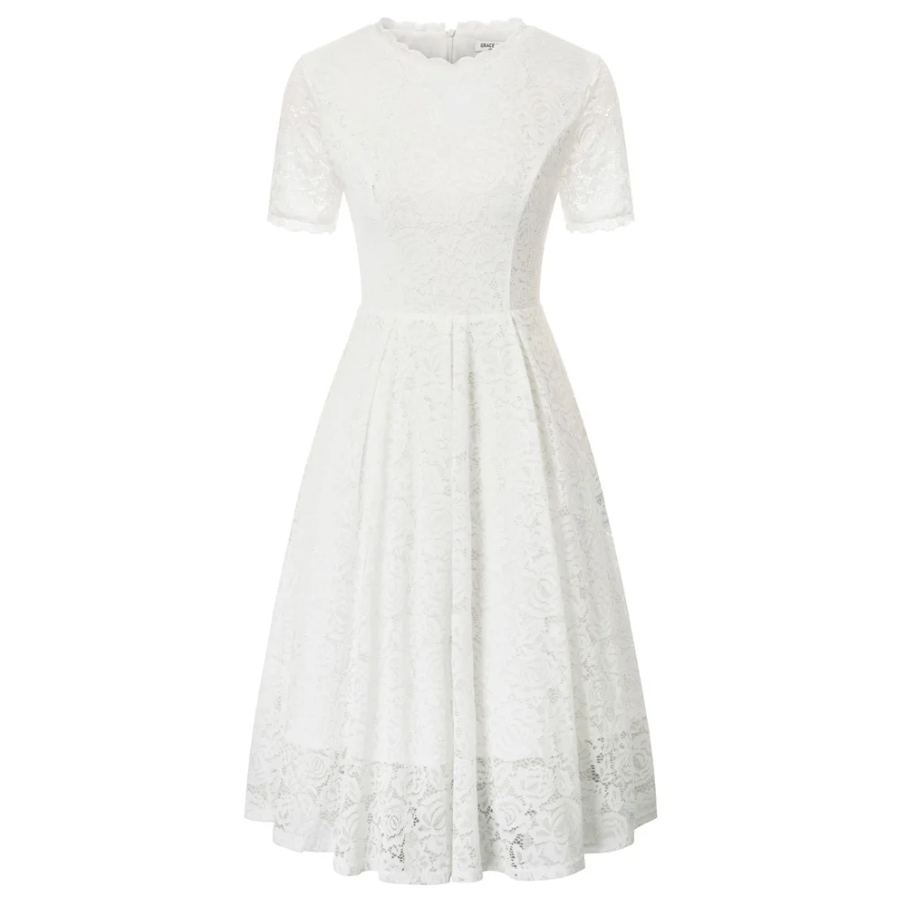 Grace Karin Women's Pleated floral Lace double layers Dress Short Sleeve Crew Neck Flared A-Line dress - Цвет: Ivory