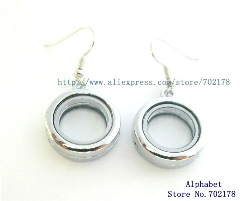 

1 pair 20mm silver rhinestone round memory locket earrings floating memory glass locket