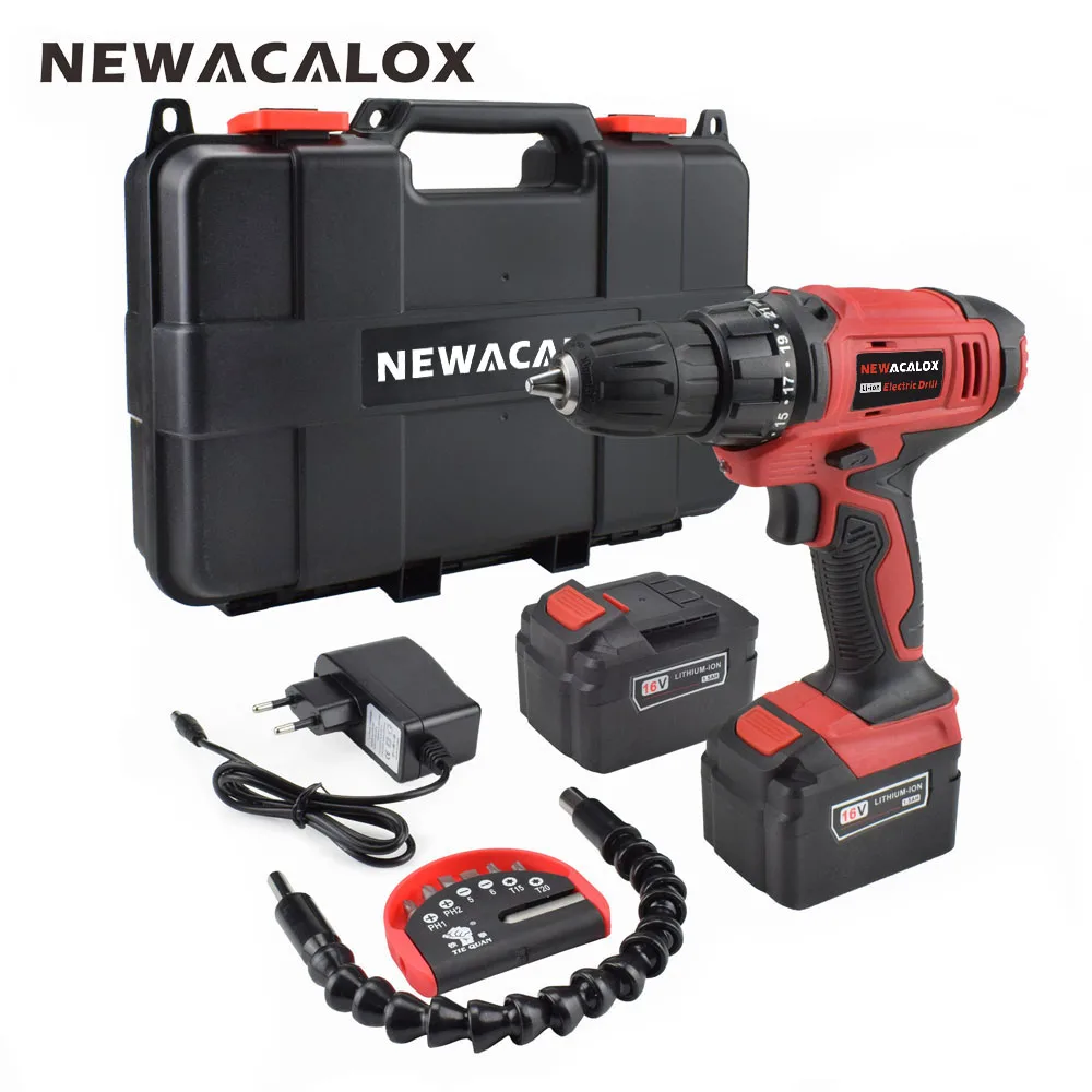Beste NEWACALOX EU 16 V Max DC Draadloze Elektrische Boor Huishoudelijke Lithiumbatterij Set Draadloze Schroevendraaier Boor DIY Power Driver Tool