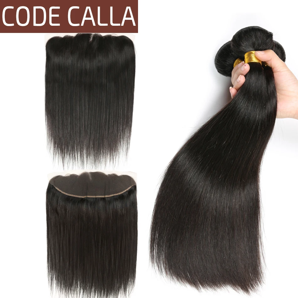 

Code Calla Malaysian Straight Raw Virgin Human Hair Extension Bundles With Frontal Closure Natural Black Color Free Shipping