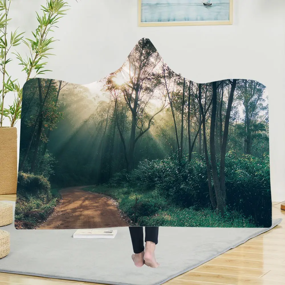 

Yoga mat Hooded Blanket Cloak Magic Hat Blanket Thick Double-layer Plush 3D Digital Printing Forest Trees Series