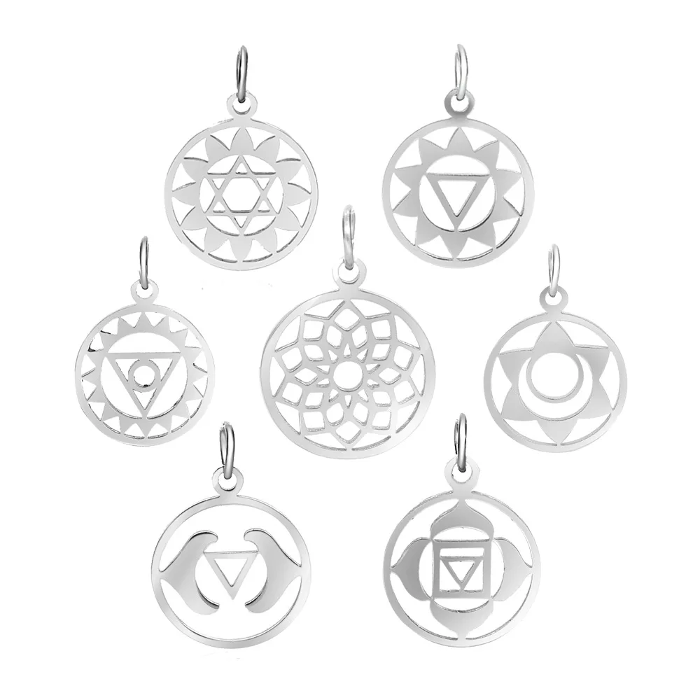

New Style Stainless Steel Hollow Yoga 7 Chakras Charm With Dangle Ring Religion Jewelry Accessories