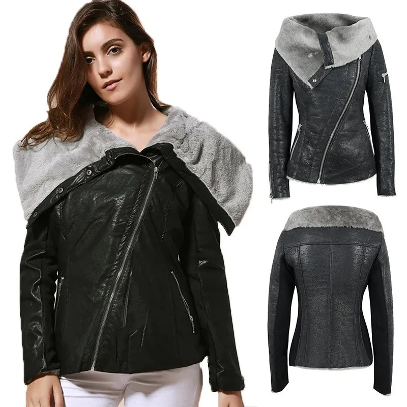 Hot Fashion Female Faux Fur collar Leather Jackets Women Faux Leather Warm Overcoats Winter Turn-Down Collar Short Outerwear