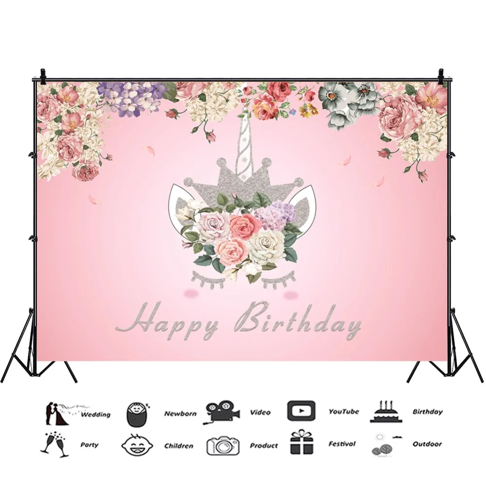 Laeacco Pink Backdrops For Photography Unicorn Party Birthday Flowers Baby Portrait Poster Photographic Backgrounds Photo Studio