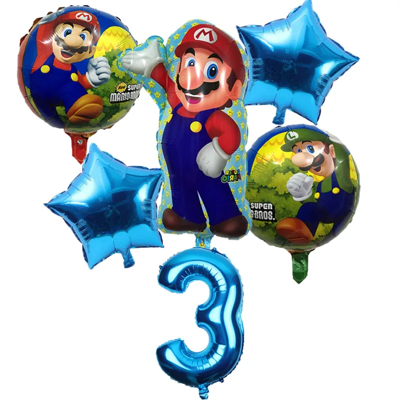 6pcs Super Mario Balloons 32 inch Number Balloons Boy Girl Birthday Party Mario Luigi Bros Mylar Blue Red Balloon Set Decor - Цвет: blue 3