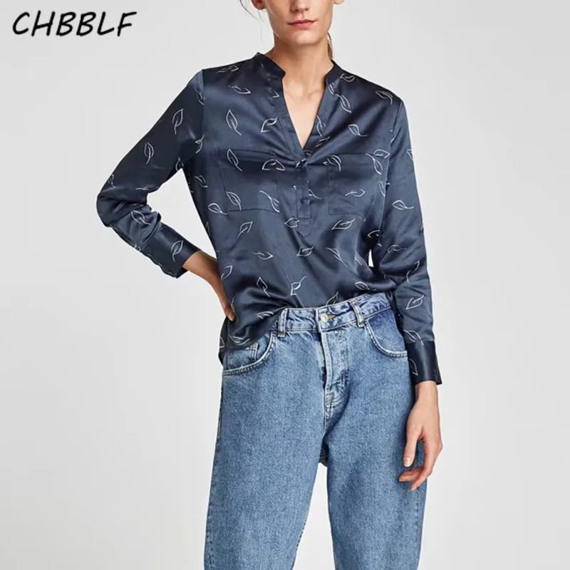 

New Spring Printed satin blouse women tops Fashion blue Ladie shirts XSZ1421