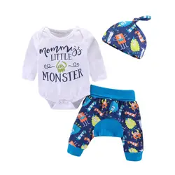 Puseky/комплект одежды из 3 предметов для маленьких мальчиков и девочек с принтом «Mama's little monster», хлопковое боди, штаны, комплект одежды на