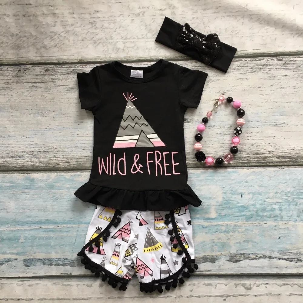 

baby girls wild and free clothing summer girls boutique clothing black top with tent shorts seersucker shorts with accessories