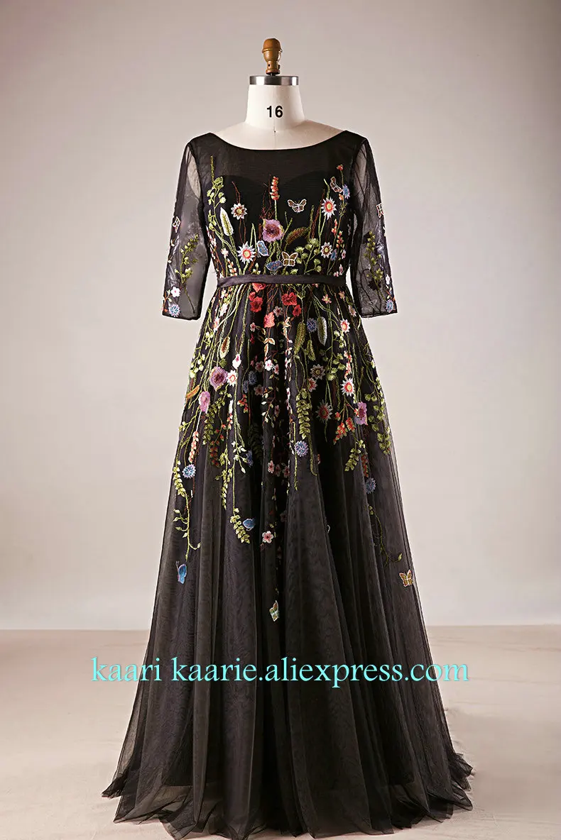 Elegant Black Plus Size Evening Dresses Long 2019 Scoop Half Sleeve Embroidery Evening Party Gowns woman Formal Evening Dress Elegant Black Plus Size Evening Dresses Long 2019 Scoop Half Sleeve Embroidery Evening Party Gowns woman Formal Evening Dress