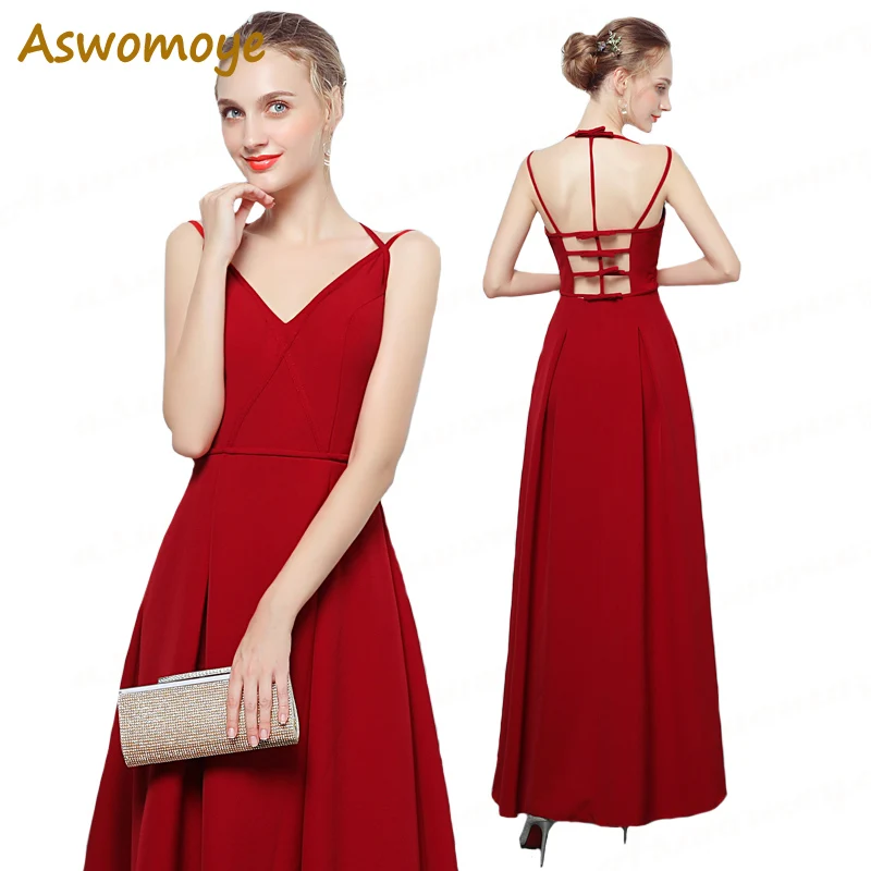 

Aswomoye Women Sexy Wine Red Evening Dress Long 2018 New Arrival V-Neck Wedding Party Dress Backless robe de soiree