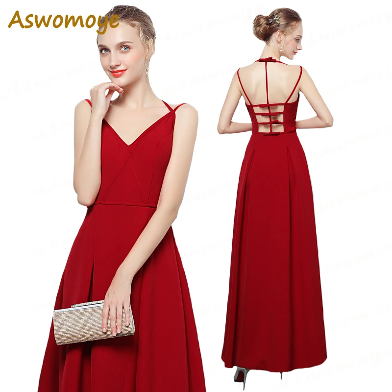 Aswowoye vestido de noche largo rojo vino para mujer, Sexy, con cuello en V, sin espalda, fiesta de boda, 2018|Vestidos de noche| - AliExpress