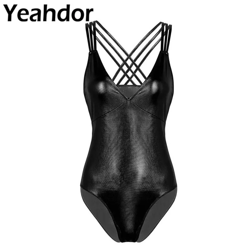 

Womens One Piece Shiny Metallic Monokini Swimwear Bodysuit Swimsuits V Neck High Cut Strappy Bathing Suits Club Wear Beachwear