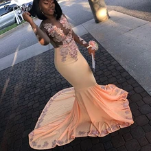 Long Prom Dresses 2019 Mermaid Sexy O-neck Beaded Lace See Through Top Long Sleeve African Women Black Prom Dress Long Prom Dresses 2019 Mermaid Sexy O-neck Beaded Lace See Through Top Long Sleeve African Women Black Prom Dress