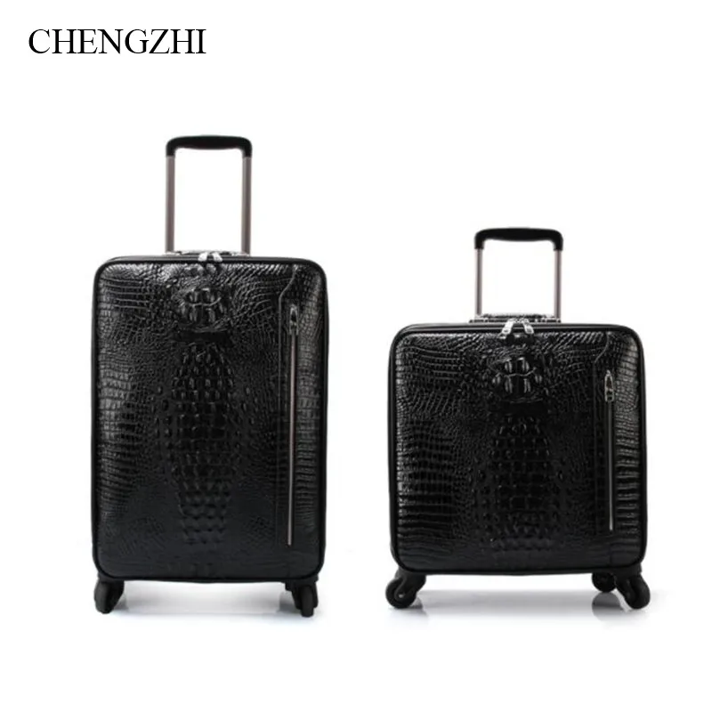 

CHENGZHI Classic Crocodile pattern Men Rolling Luggage Spinner genuine leather Travel Bags On Wheels