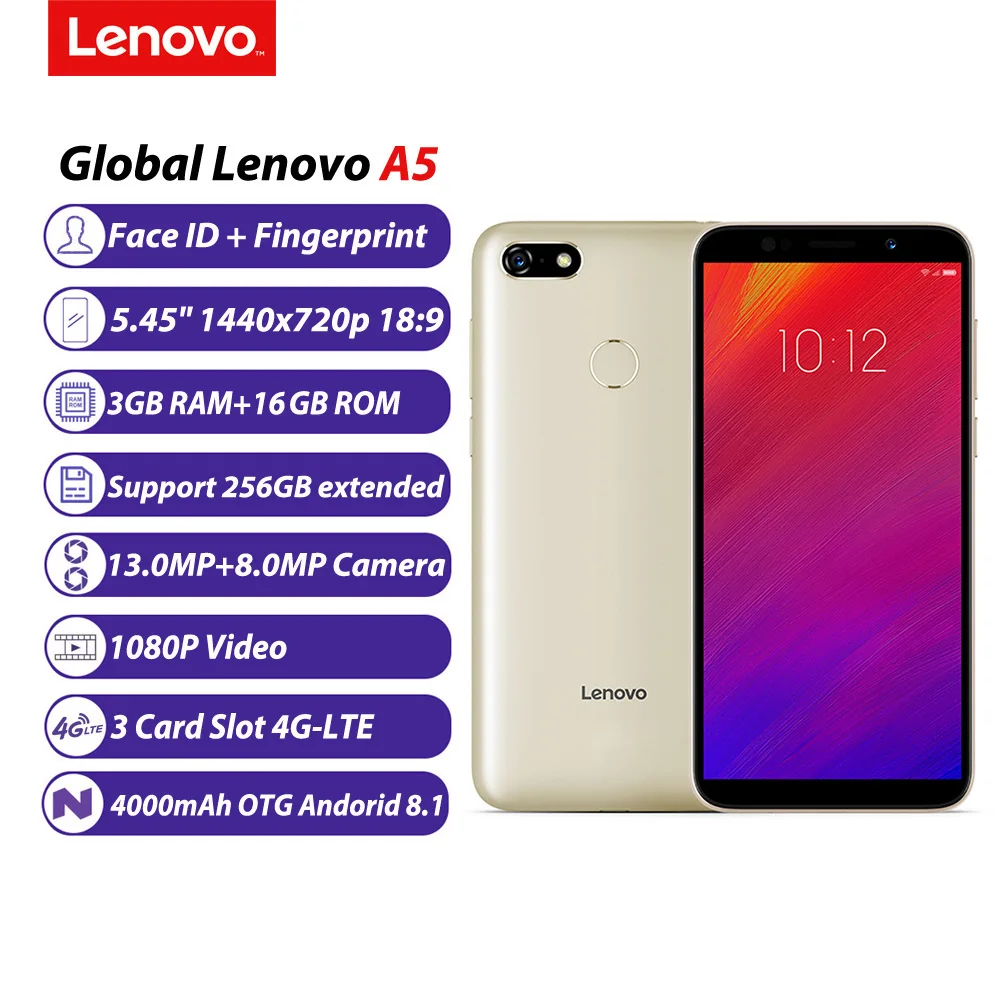 Lenovo A5 Global Version 3GB 16GB 4000mAh Mobile Phone Face ID MTK6739 Android 8.1 5.45inch HD+ 1440x720 Fingerprint Smartphone