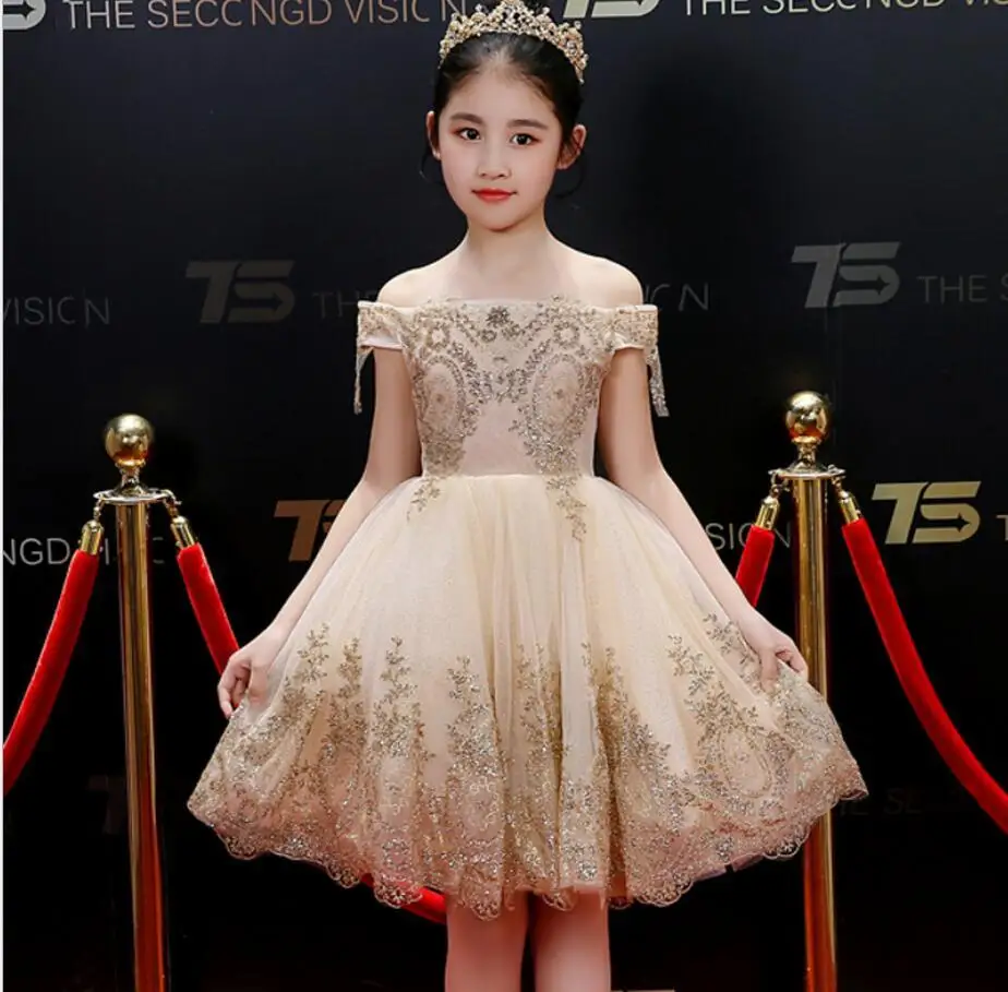 2018 Girl Champagne Lace Princess Tutu Dress Wedding Sequin Christening Gown Girl Summer Clothes For Party First Communion Dress summer vintage lace dress sleeveless design sweet baby girl floral princess dress wedding christening gown dress girls clothes