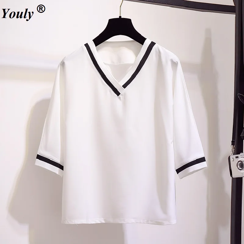 

Women White Black stripe Solid All-match V-neck T-shirt 2019 Female Casual Drop Shoulder Half Sleeve Tees Ladies Loose Tops
