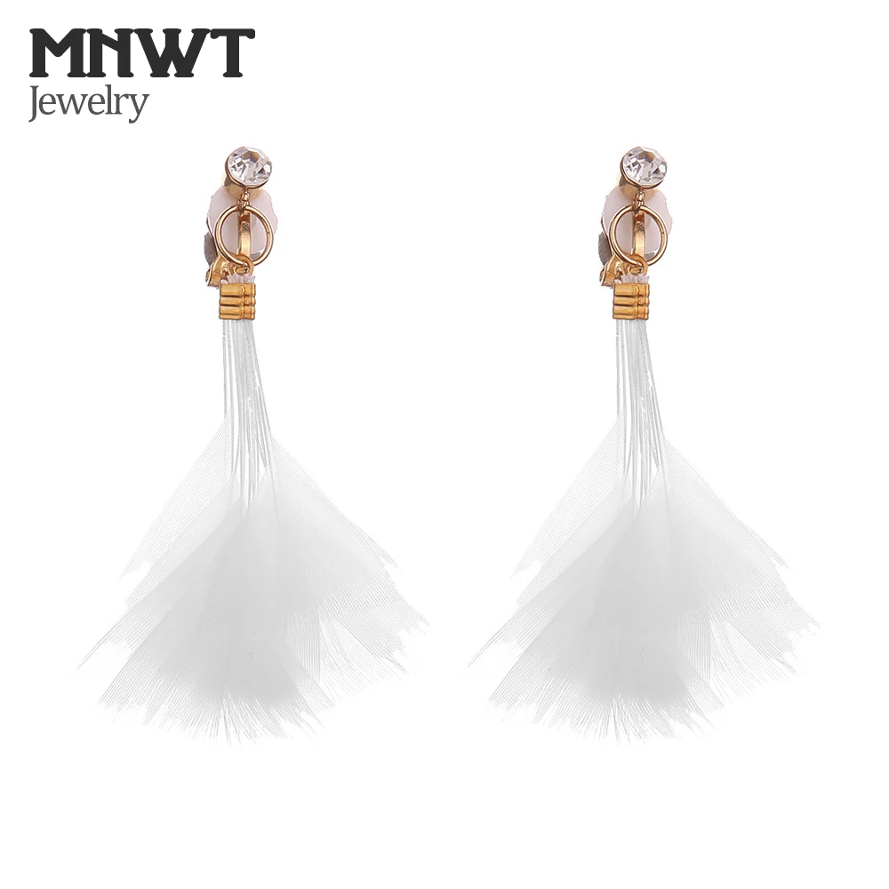 

MNWT Women Simple Crystal Feather Tassels Ear Clip Fashion Personality Earrings White Earing Party Wedding Romantic Jewelry