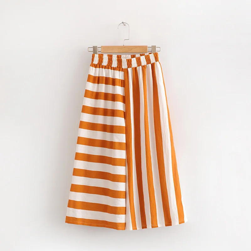 2018 New Fashion Stripe Elastic Waist Casual Wide Leg