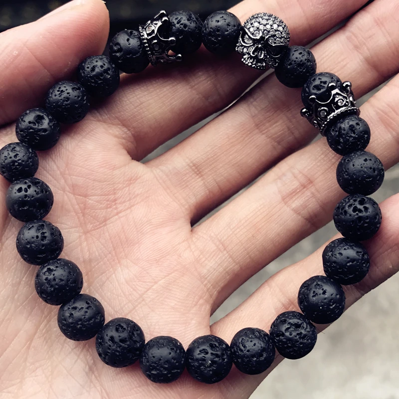 Marca-De-Moda-Natural-Beads-Strand-Pulsera-Pavimenta-CZ-Esqueleto-Cr-neo-Negro-Lava-Piedra-Roca