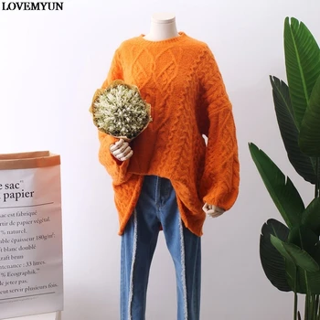 

Women's O Neck Sweater Hollow Out Coarse Cable Knit Oversized Sweater Dress Winter Women Warm Baggy Sweater Female