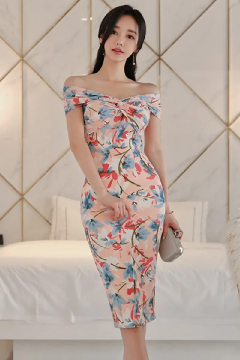 

2019 Summer Floral Printing Elegant OL Dress Drop Shoulder Hip Packaed Office Lady Split Bodycon Dresses Party Club Sexy Costume