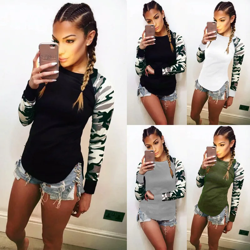 

S-5XL Large Size 2019 Autumn Women T Shirt Casual Long Sleeve Camouflage Patchwork Tee Shirts Femme Plus Size T Shirt Tops