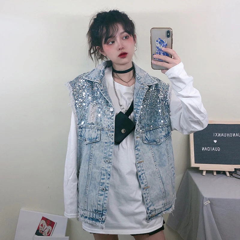 

Hole Denim Vest Coat for Women 2019 New Spring Summer All-match Loose Sequins Sleevelss Vests Top Casual Students Jackets Coat
