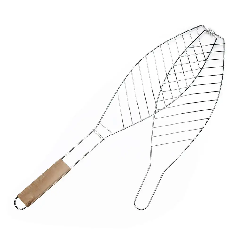 

Barbecue Meshes Camping Grill Rack BBQ Clip Folder Grill Single Meat Fish Vegetable BBQ Tool Wooden Handle Hinged Basket