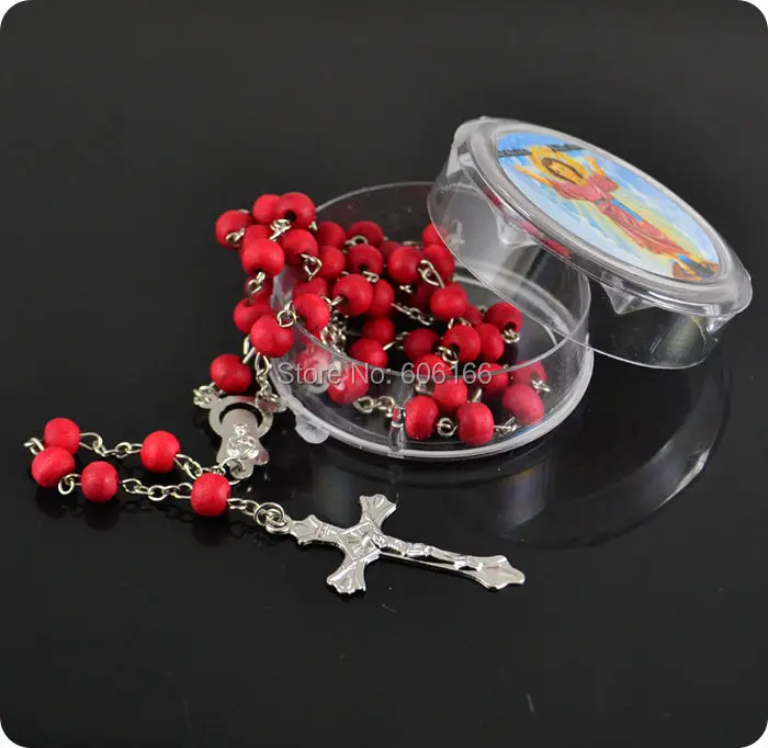 

12x Mix Color rose scented perfume wood Rosary Beads INRI JESUS Cross Pendant Necklace Catholic Fashion Religious jewelry
