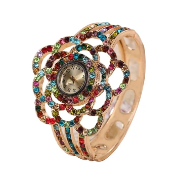 

Sweet Full Rhinestone Hollow Flower Analog Bangle Style Women Wrist Watch Gift