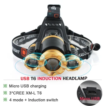 

Zooms Micro USB Headlight Recharger XML t6 head lamp IR Sensor Induction led headlamp head torch 18650 Lanterna lights linterna