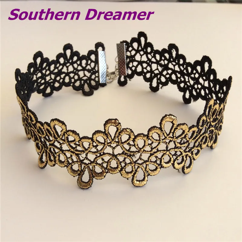 

5 Patterns Fashion Vintage Wide Floral Gold Lace Chokers Necklace Black Rose Chockers Big Tattoo Women Girls Chunky Boho Collier
