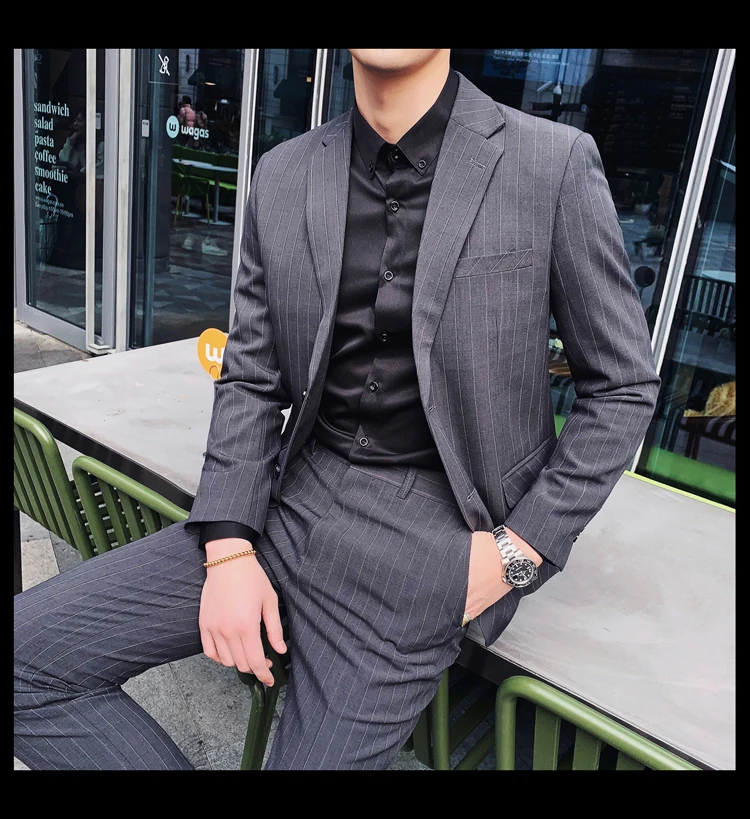 Traje Hombre британские серые мужские костюмы в тонкую полоску черные костюмы жениха бизнес курить Para Noivo мужские костюмы Slim Fit
