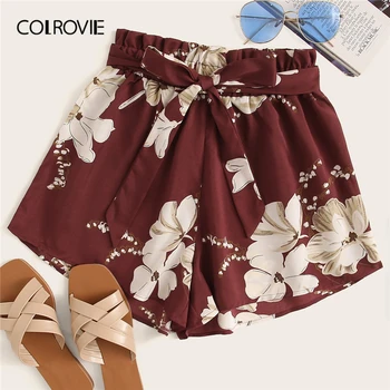 

COLROVIE Burgundy Floral Print Self Tie Boho Summer Shorts Women 2019 Summer Holiday Wide Leg Beach Vacation Ladies Shorts