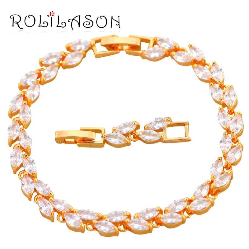 

ROLILASON Luxury White AAA Zircon Crystal Gold Tone charm Bracelets Health Fashion jewelry TB070