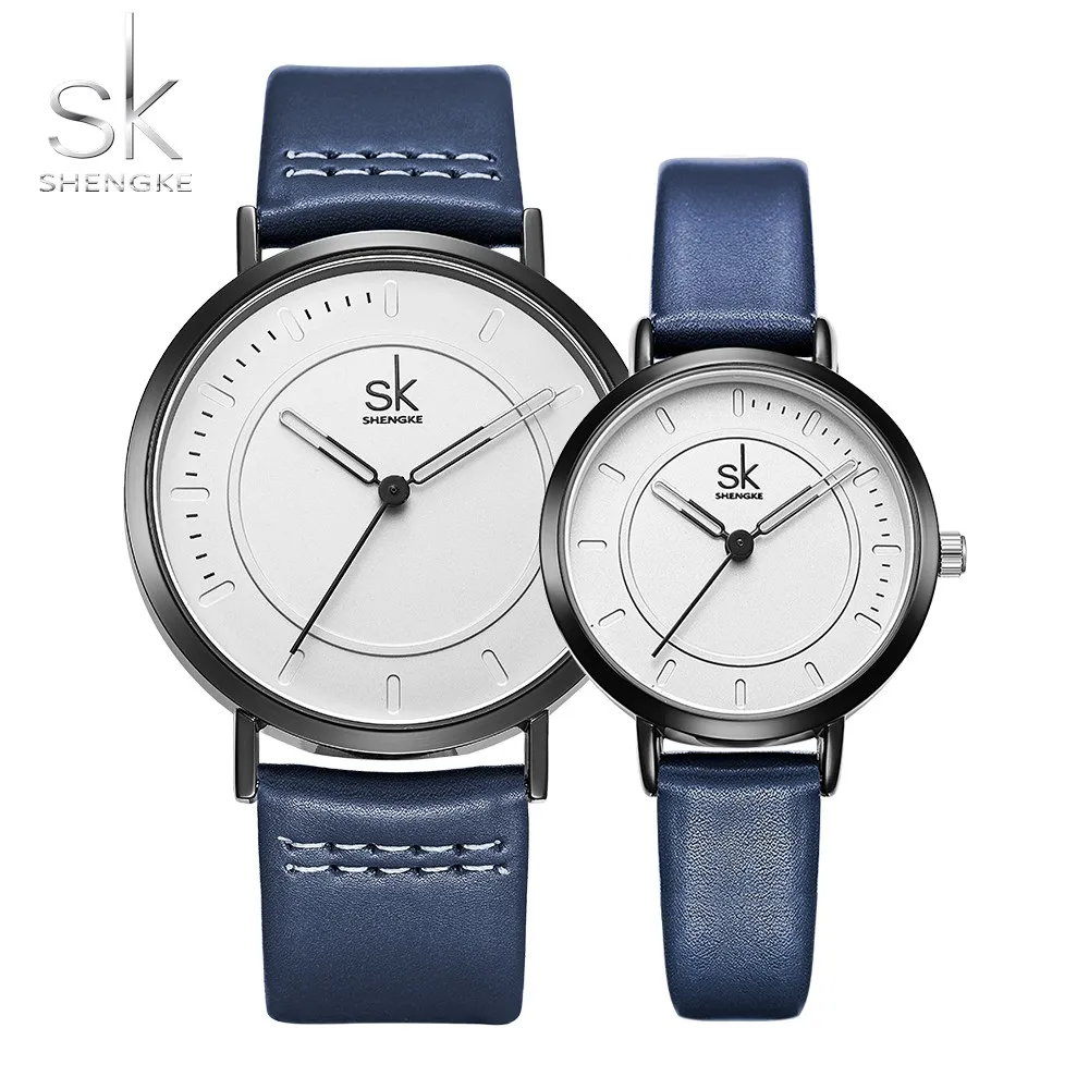 

Shengke Top Brand Fashion Couple Watch Men Women Lovers Watches Blue Black Leather Wrist Watch Simple Dial Quartz Clock Gift SK