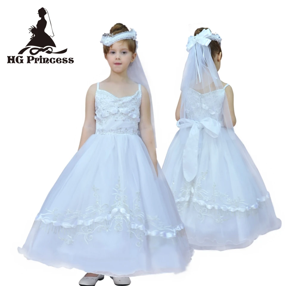 

Free shipping Formal Child Ball Gowns 6 Years Flower Girl Dresses For Weddings Tulle Embroidery White First Holy Communion Dress